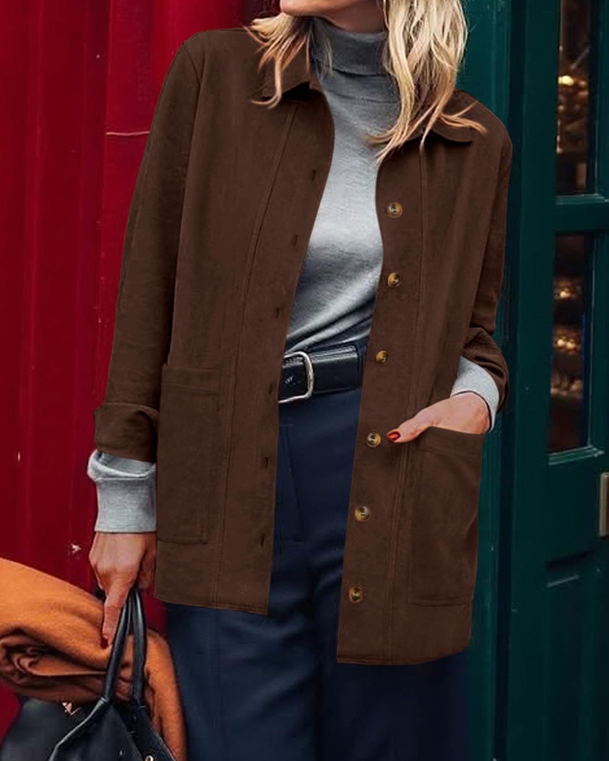 BTFBM Fall Fashion Faux Suede Jacket Women Winter Clothing.Coffee.M