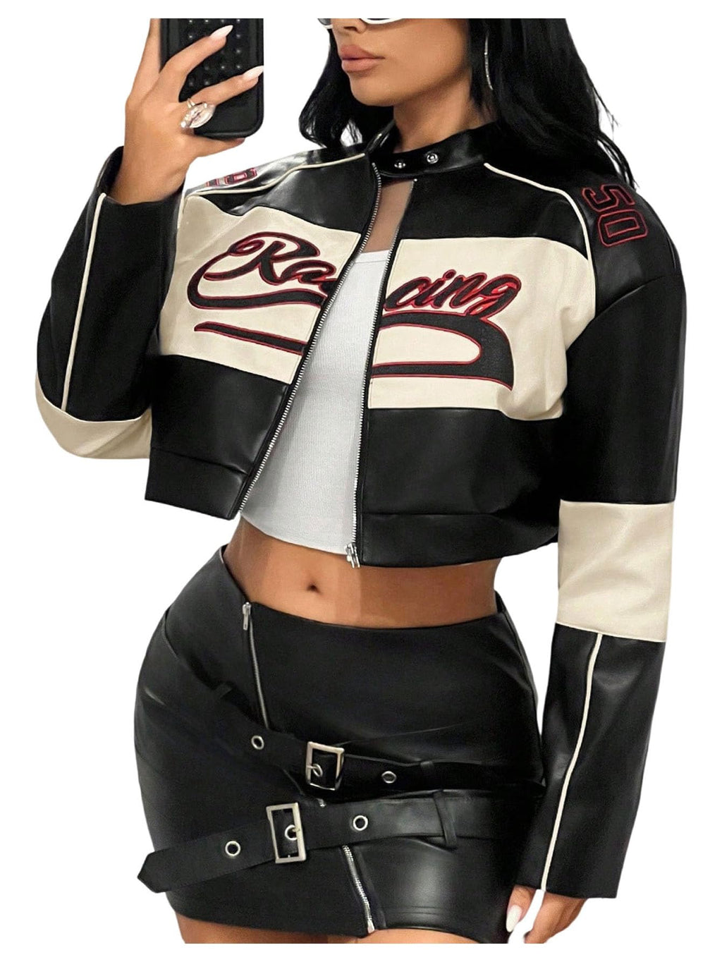 SOLY HUX Women's Faux Leather Zip Up Crop Jackets Graphic Long Sleeve Shirts Motorcycle Outerwear Black Beige Graphic Medium