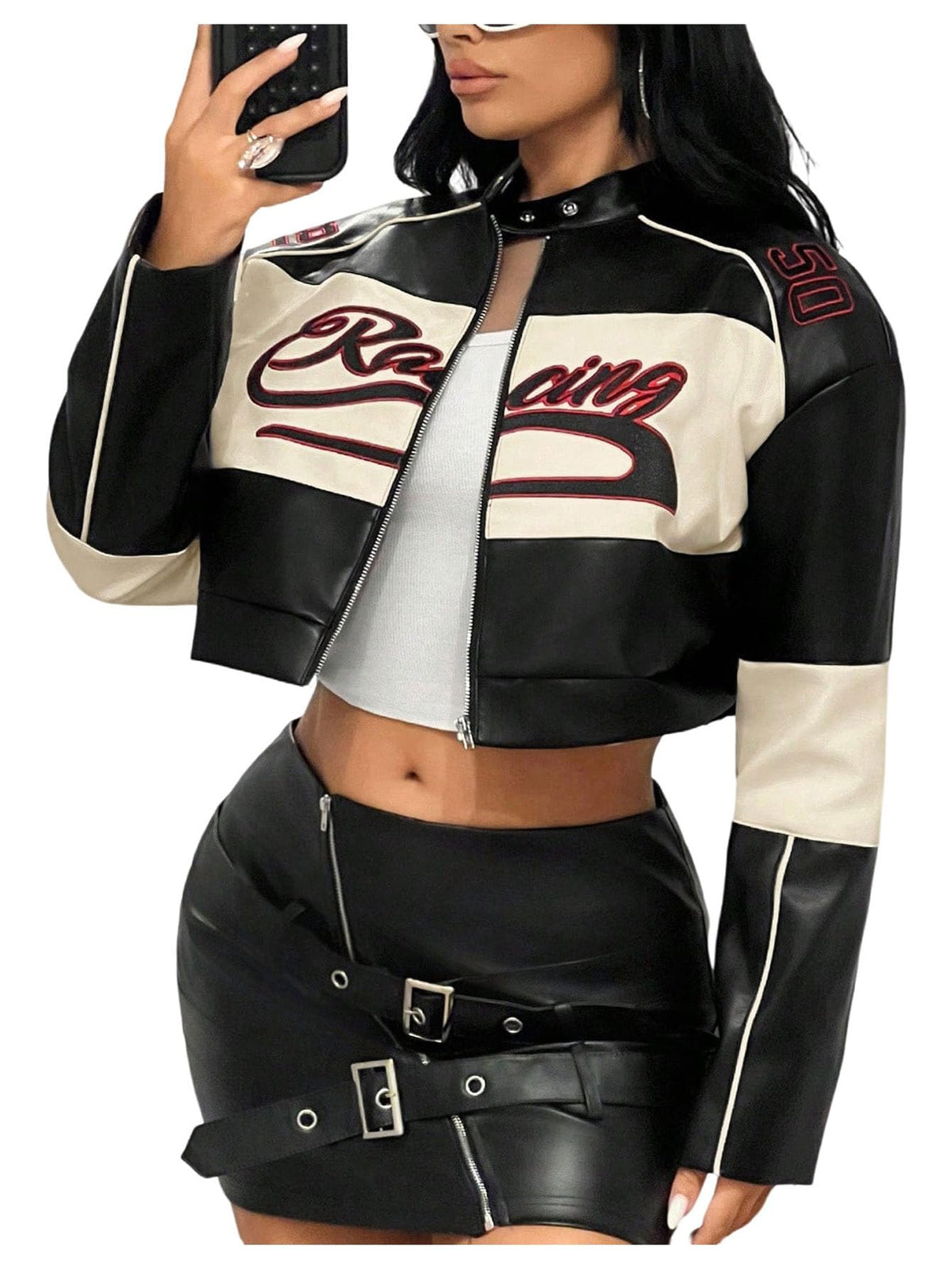 SOLY HUX Women's Faux Leather Zip Up Crop Jackets Graphic Long Sleeve Shirts Motorcycle Outerwear Black Beige Graphic Medium