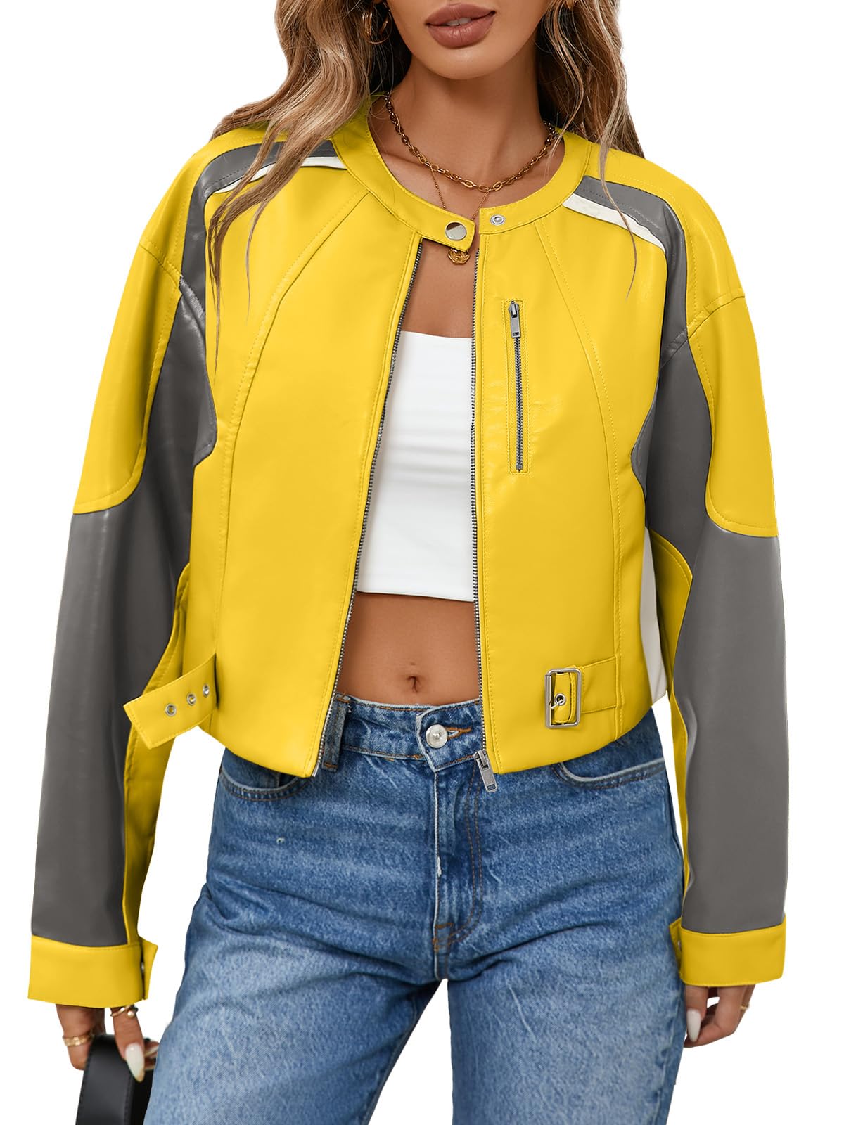 Tankaneo Womens Faux Leather Bomber Jackets Cropped Zip Up Color Block Fall Casual Moto Biker Coats