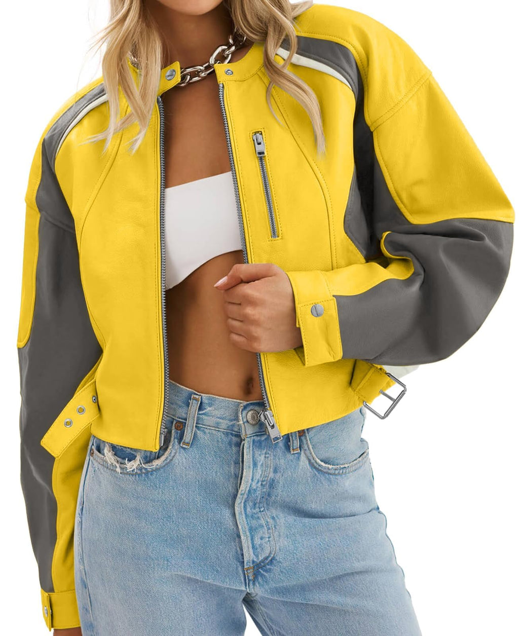Tankaneo Womens Faux Leather Bomber Jackets Cropped Zip Up Color Block Fall Casual Moto Biker Coats