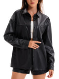 Haianguoji Women's Faux Leather Button-Down Shirt Jacket Lightweight Long Sleeve PU Blouse Shacket Tops (Black. XXL)