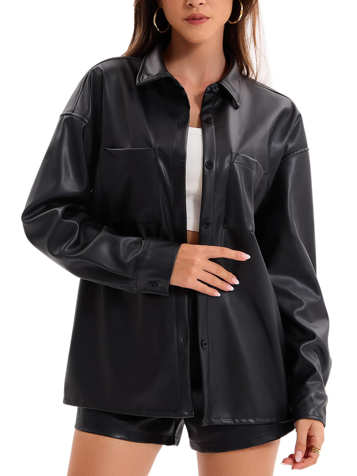 Haianguoji Women's Faux Leather Button-Down Shirt Jacket Lightweight Long Sleeve PU Blouse Shacket Tops (Black. XXL)