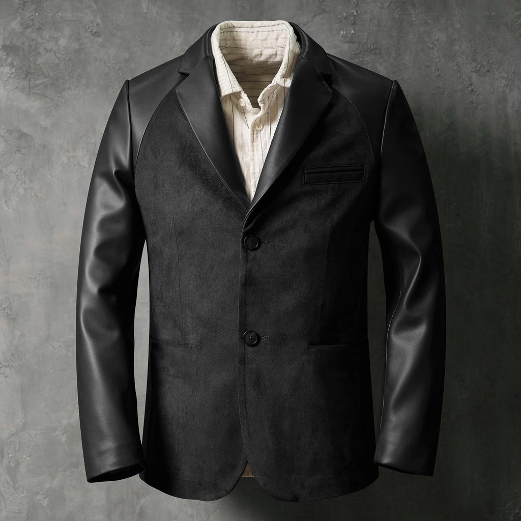 Men's Suede Blazer Patchwork Two-Tone Sports Coat PU Leather Sleeves Collar Sport Jacket Black Champagne M