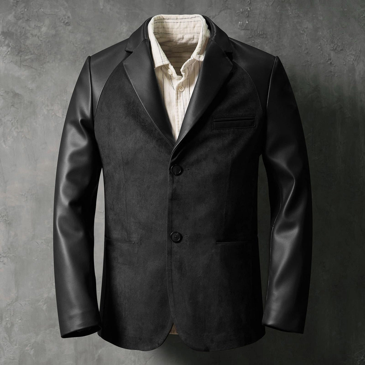 Men's Suede Blazer Patchwork Two-Tone Sports Coat PU Leather Sleeves Collar Sport Jacket Black Champagne M