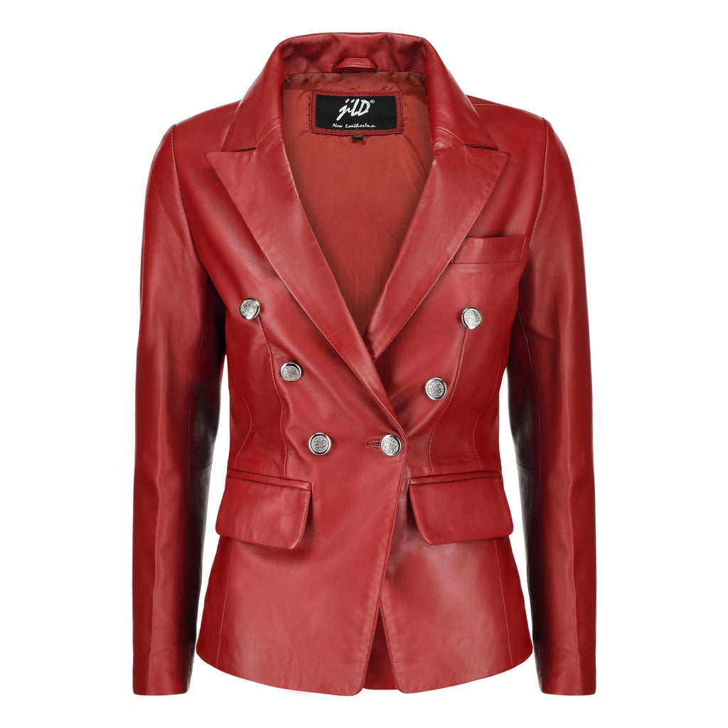 Jild Double Breasted Fancy Buttons Lambskin Leather Blazer Women - Kim Kardashian Long Sleeve Coat Style Leather Jacket Women (FC-Red-XXL)