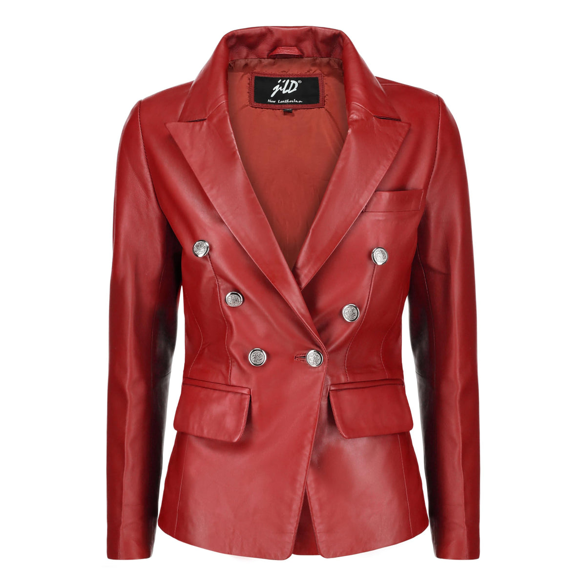 Jild Double Breasted Fancy Buttons Lambskin Leather Blazer Women - Kim Kardashian Long Sleeve Coat Style Leather Jacket Women (FC-Red-XXL)
