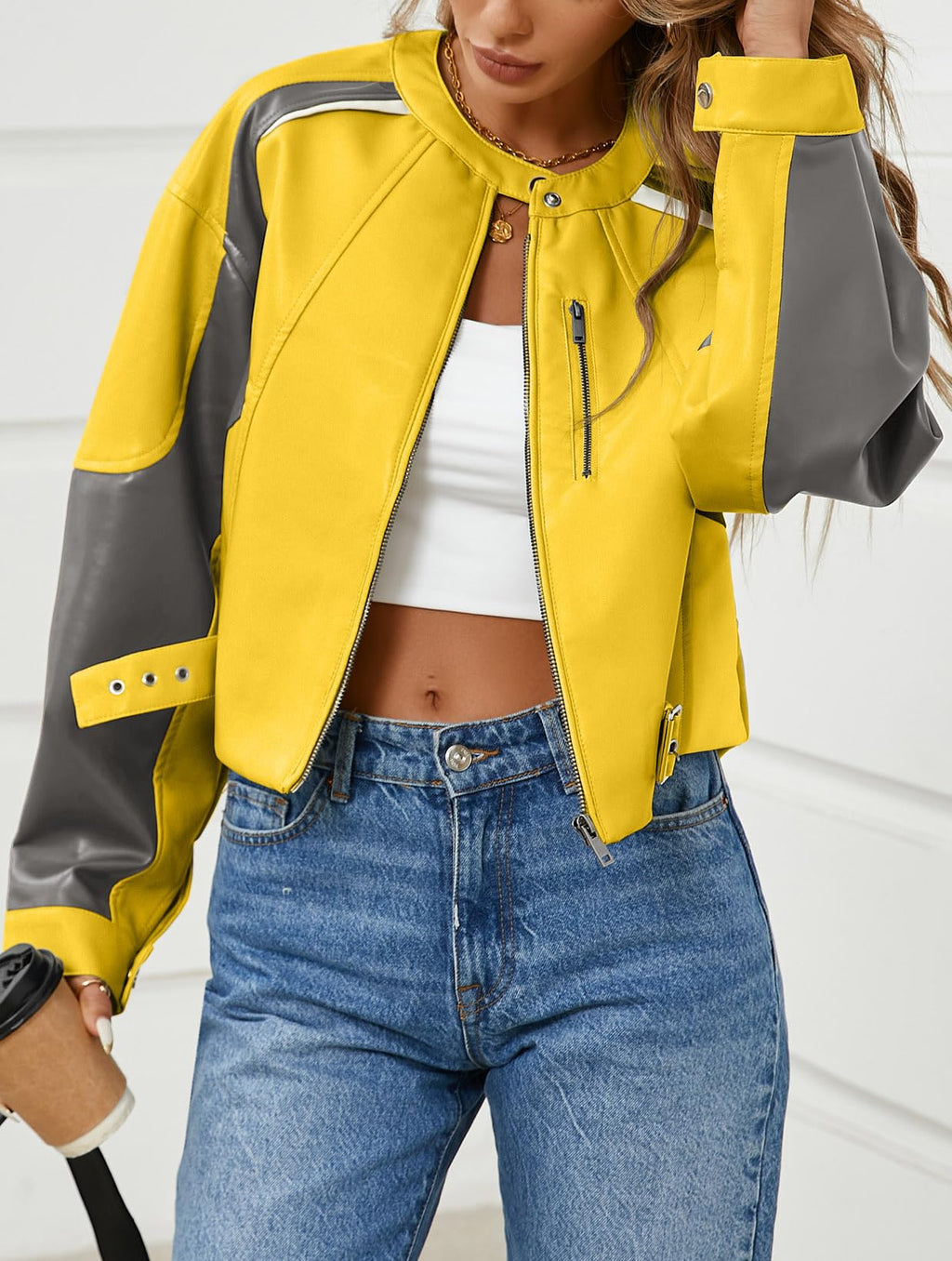 Tankaneo Womens Faux Leather Bomber Jackets Cropped Zip Up Color Block Fall Casual Moto Biker Coats