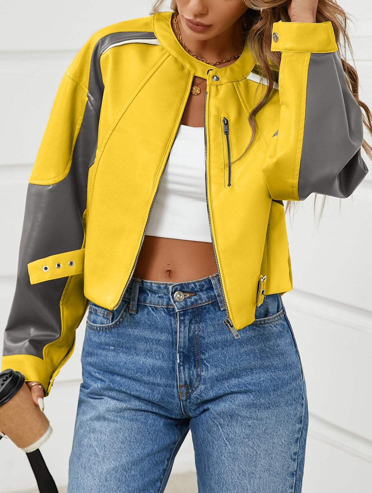 Tankaneo Womens Faux Leather Bomber Jackets Cropped Zip Up Color Block Fall Casual Moto Biker Coats