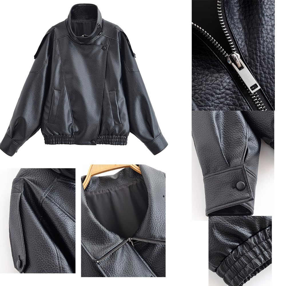 Molilove Women's Leather Jacket Casual Fall Zip Up Jacket Racer Varsity Jackets Biker Motor Coat Outwear