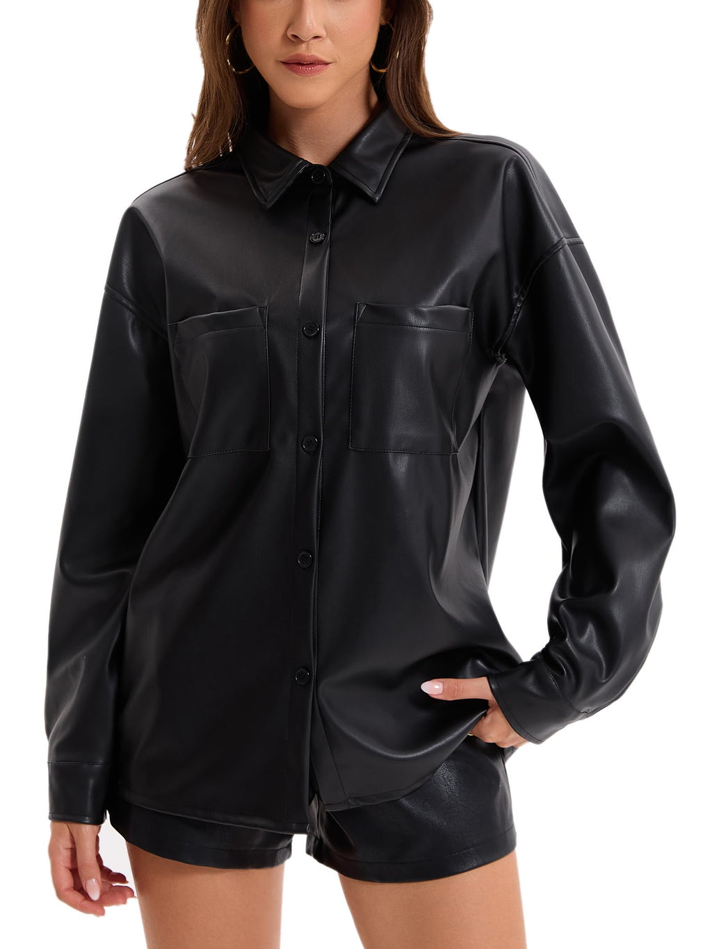 Haianguoji Women's Faux Leather Button-Down Shirt Jacket Lightweight Long Sleeve PU Blouse Shacket Tops (Black. XXL)