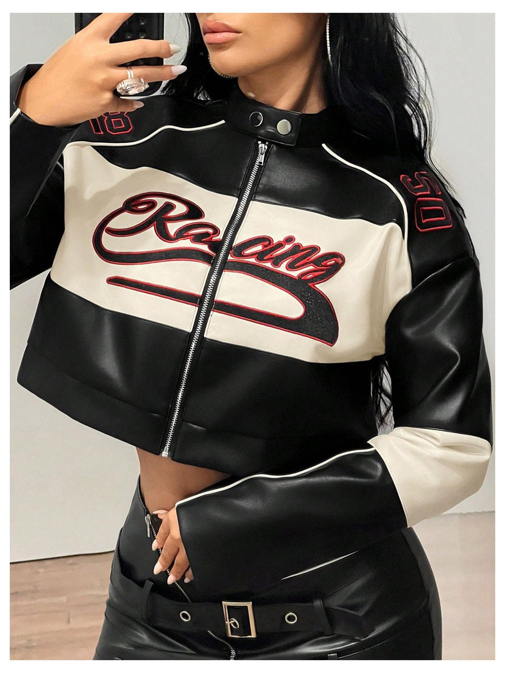 SOLY HUX Women's Faux Leather Zip Up Crop Jackets Graphic Long Sleeve Shirts Motorcycle Outerwear Black Beige Graphic Medium
