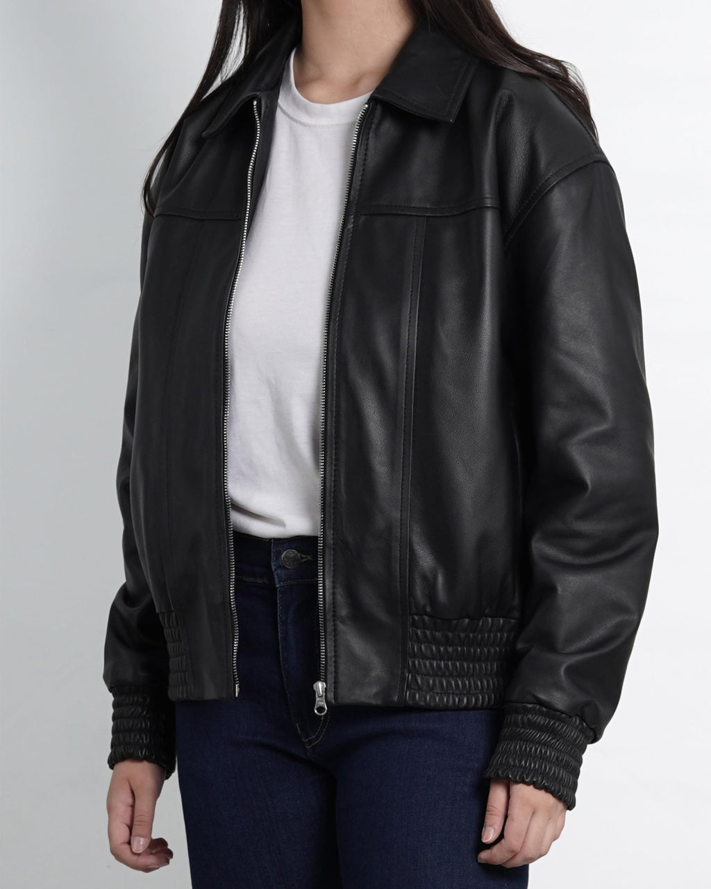 Decrum Disc Genuine Leather Jacket Women - Leather Oversized Bomber Jacket Womens | [1328563] Ollie Black. M