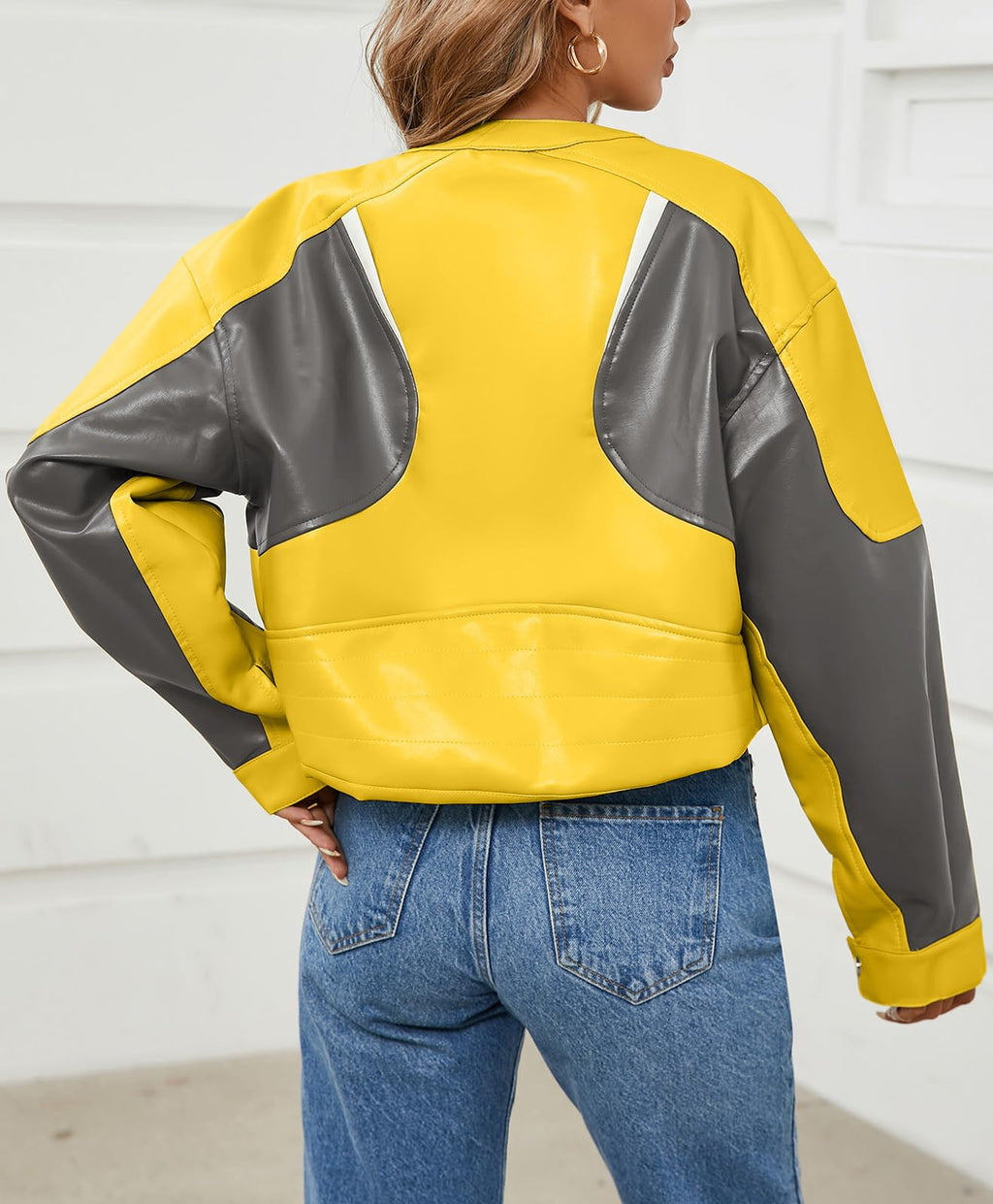 Tankaneo Womens Faux Leather Bomber Jackets Cropped Zip Up Color Block Fall Casual Moto Biker Coats