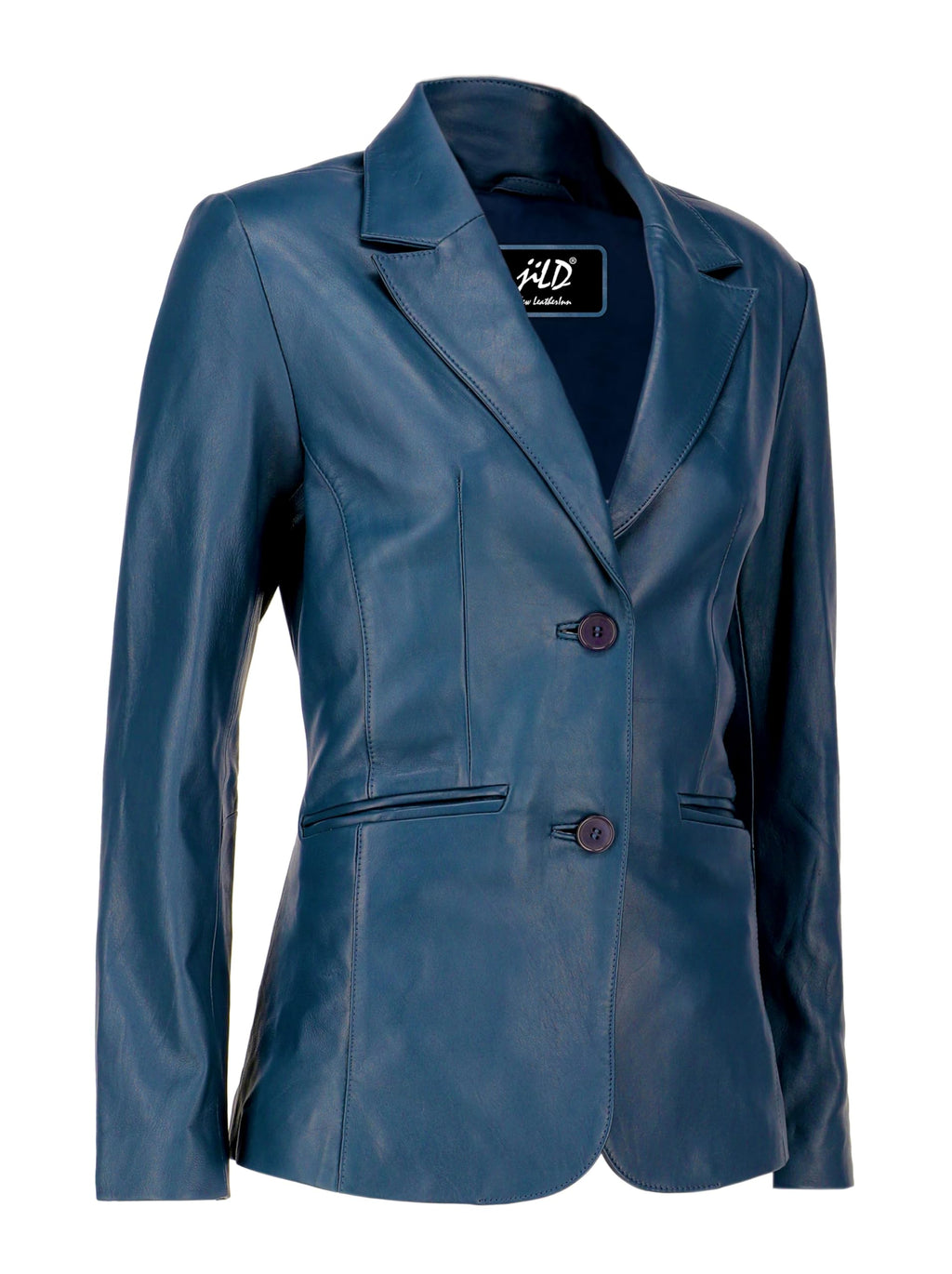 Jild Classic 2-Button Lambskin Leather Blazer Women - Casual Coat Long Sleeves Suit Style Leather Jacket Women (LC-Blue-L)
