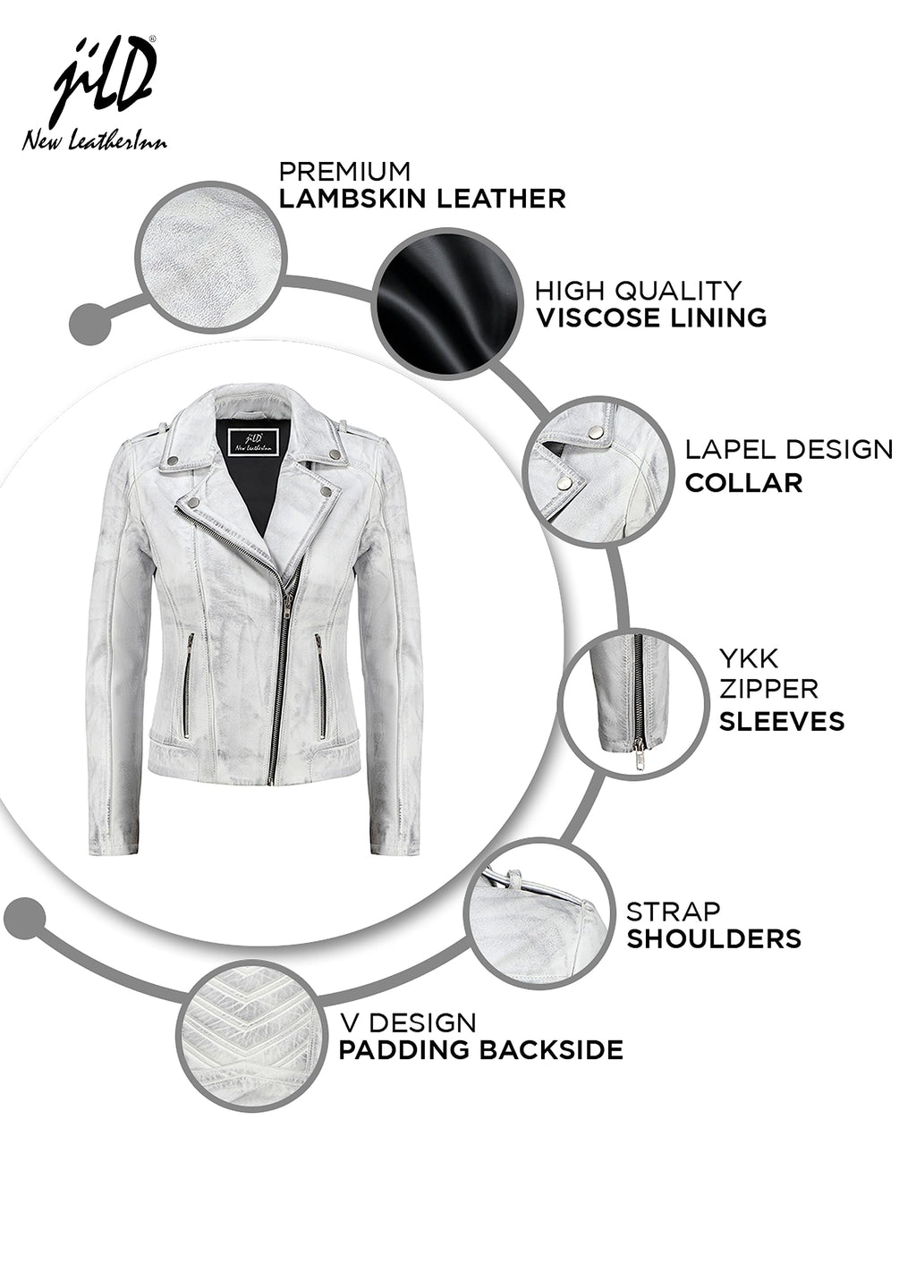 Jild Biker Style Vintage Leather Jacket Women - Casual Fashion Motorcycle Zip-Up Lightweight Coat Collar Women Leather Jacket (White-XXL)