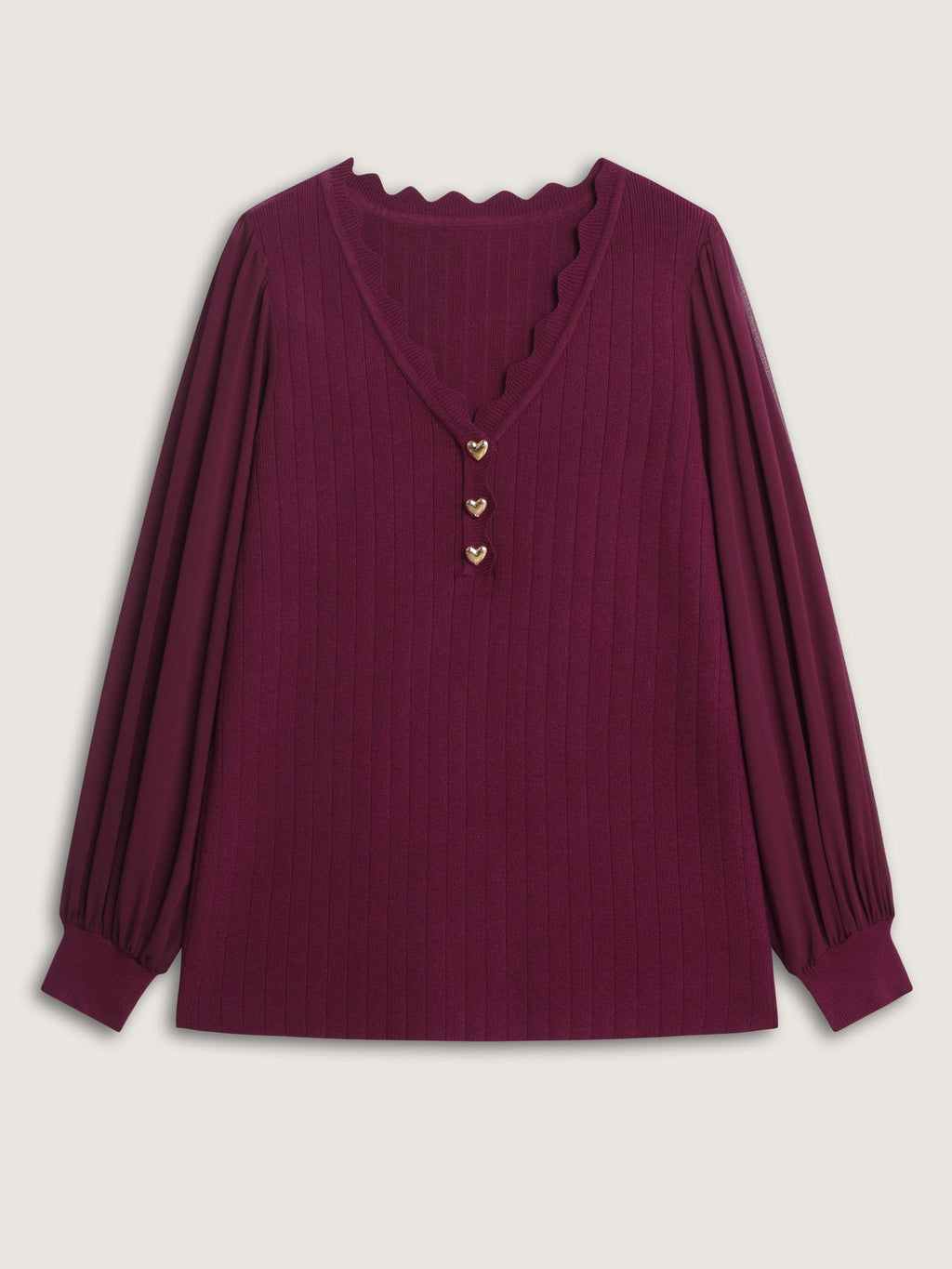 Chiffon Sheer Sleeve Heart Shaped Button Pullover