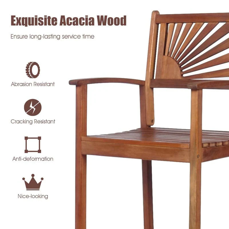 2 Pack Acacia Wood Bar Stools Outdoor Patio Bar Chairs With Sunflower Backrest Amp Curved Armrests - Comfortable And Ergonomic Design