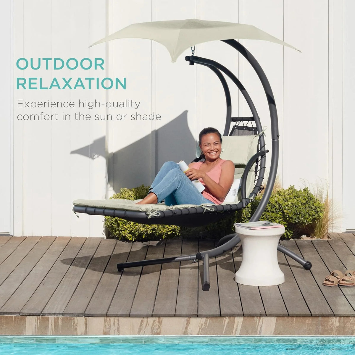 Best Choice Products Outdoor Hanging Curved Steel Chaise Lounge Chair Swing w/Built-in Pillow and Removable Canopy - Charcoal Gray