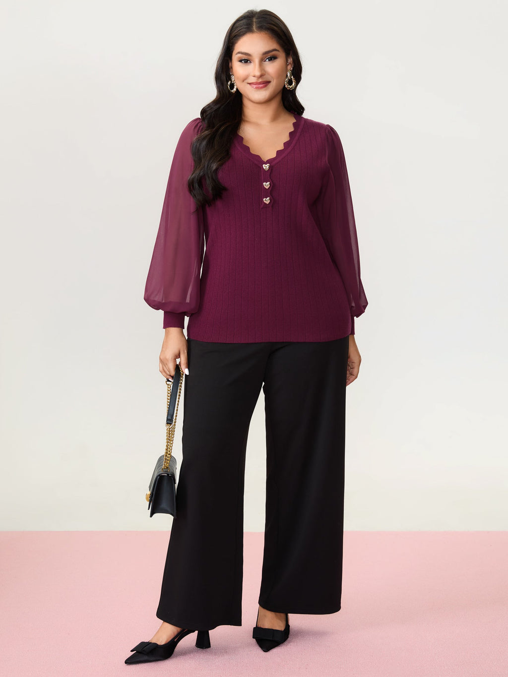 Chiffon Sheer Sleeve Heart Shaped Button Pullover