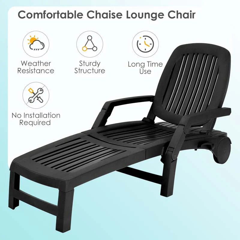 Weatherproof Folding Sun Lounger With Wheels 6 Position Plastic Outdoor Chaise Lounge Chair For Pool Beach Lawn - Comfortable And Ergonomic Design