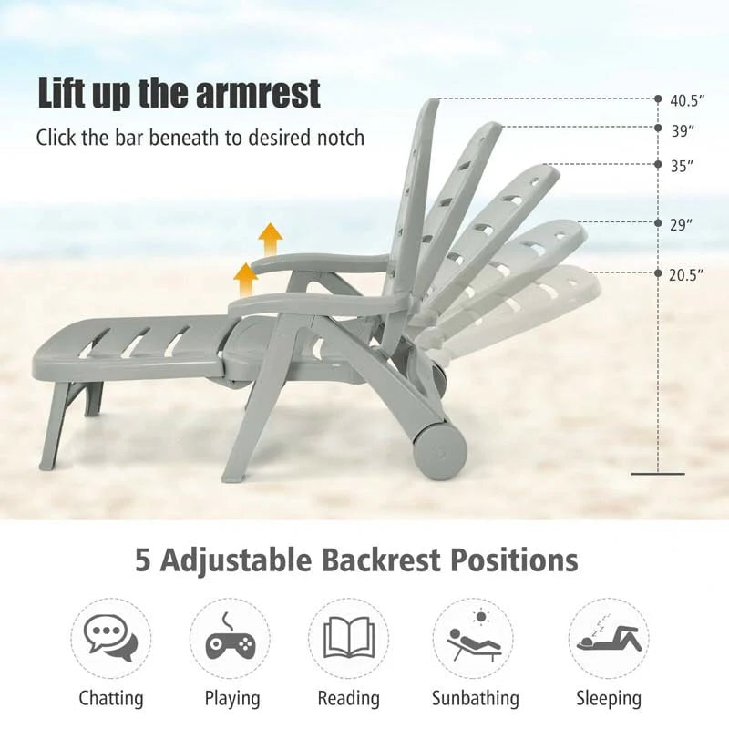 Rolling Folding Plastic Pool Lounge Chair With Armrests 5 Position Outdoor Sun Lounger Patio Deck Chair Beach Chair - Comfortable And Ergonomic Design