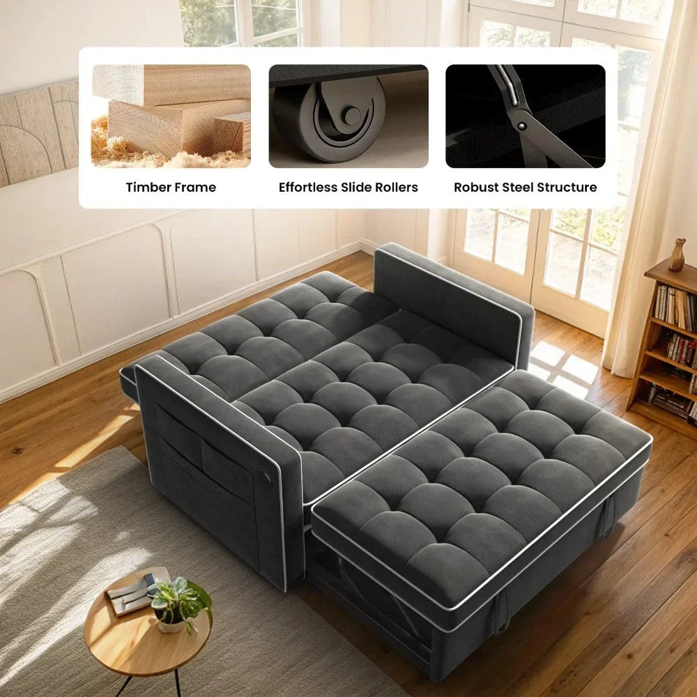 3 in 1 Pull Out Sofa Bed with Adjustable Backrest,70" Convertible Loveseat Sleeper Couch with Charging Port,Side Pockets & Cylinder Pillows for Living Room Apartment,Black