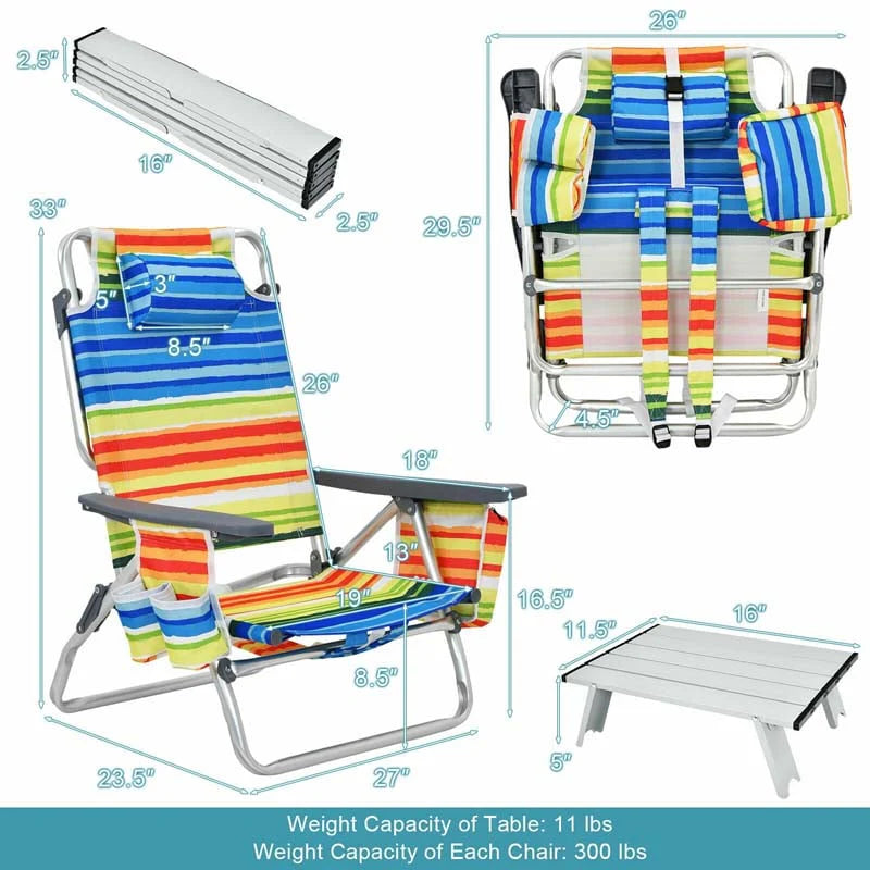 2 Pack 5 Position Outdoor Folding Backpack Beach Chair Amp Table Set Patio Lawn Camping Chair Beach Sling Chair - High Quality Set For Everyday Use