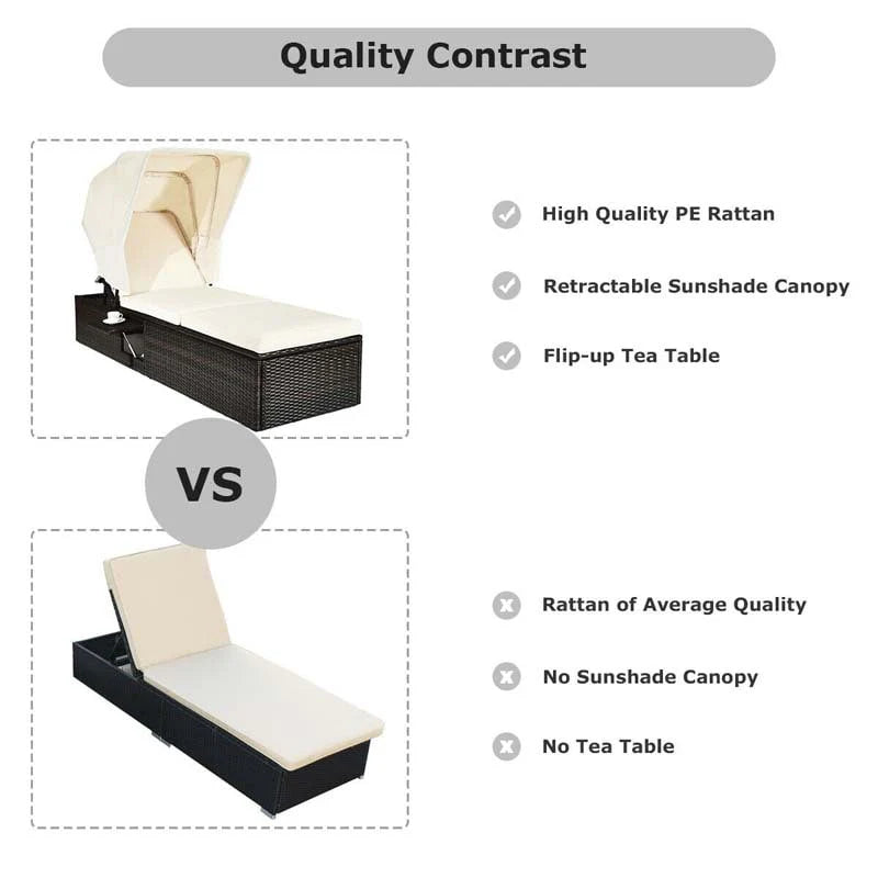Cushioned Rattan Outdoor Chaise Lounge Chair Sun Lounger 5 Position With Folding Canopy Amp Flip Up Tea Table - Comfortable And Ergonomic Design