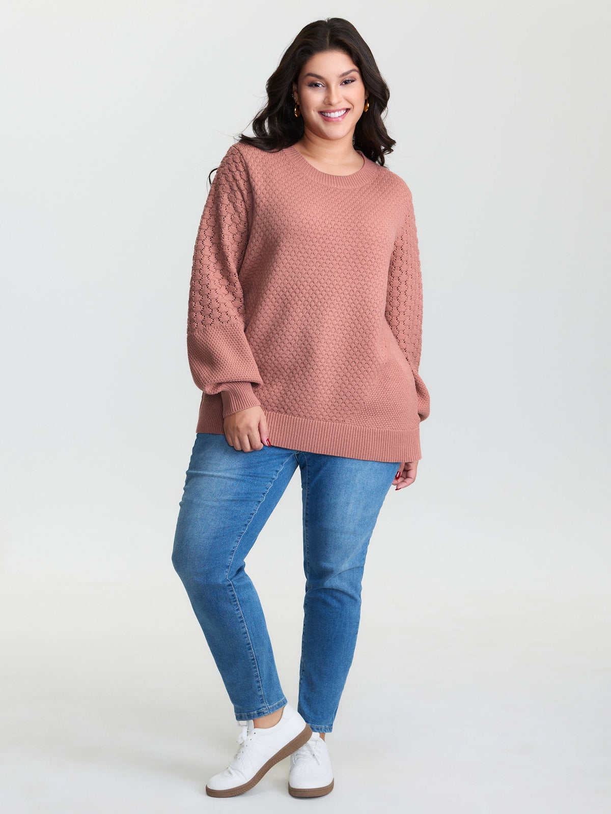 Textured Lantern Sleeve Ribbed-Hem Pullover