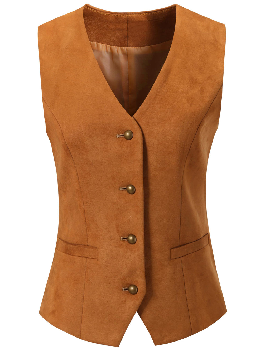 V VOCNI Women's Fully Lined 4 Button V-Neck Economy Dressy Suit Vest Waistcoat Suede Leather Khaki Large