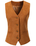 V VOCNI Women's Fully Lined 4 Button V-Neck Economy Dressy Suit Vest Waistcoat Suede Leather Khaki Large