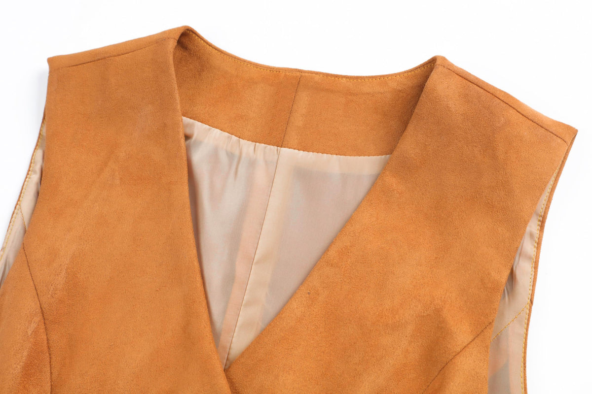 V VOCNI Women's Fully Lined 4 Button V-Neck Economy Dressy Suit Vest Waistcoat Suede Leather Khaki Large