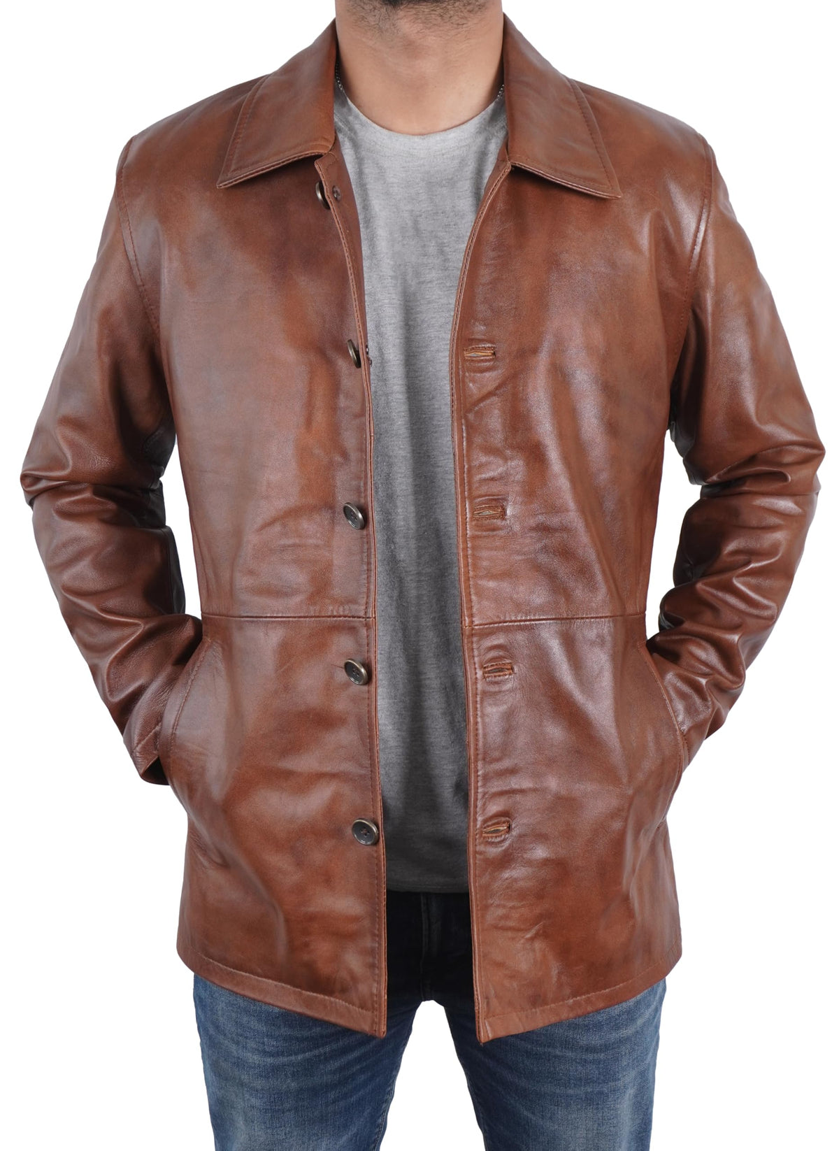 STOREJEES Brown Leather Jacket Men | Car Coat Brown. 5XL