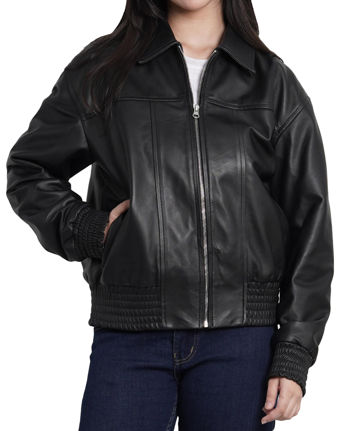 Decrum Disc Genuine Leather Jacket Women - Leather Oversized Bomber Jacket Womens | [1328563] Ollie Black. M