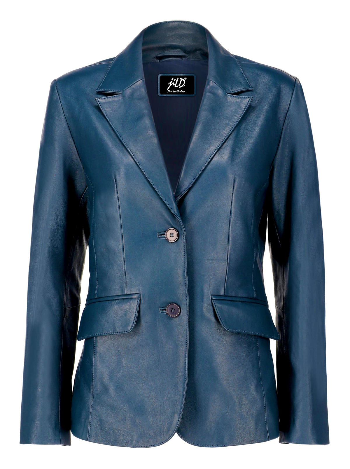 Jild Classic 2-Button Lambskin Leather Blazer Women - Casual Coat Long Sleeves Suit Style Leather Jacket Women (LC-Blue-L)