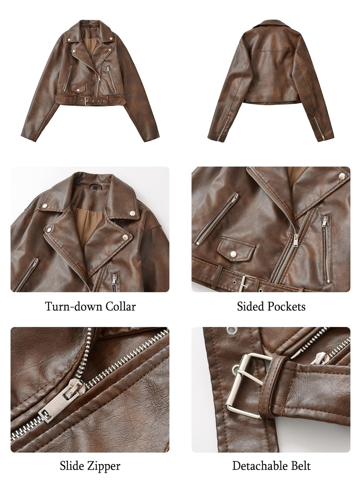 LY VAREY LIN Women Faux Leather Cropped Jacket Lapel Zipper Biker Short Coat with Belt