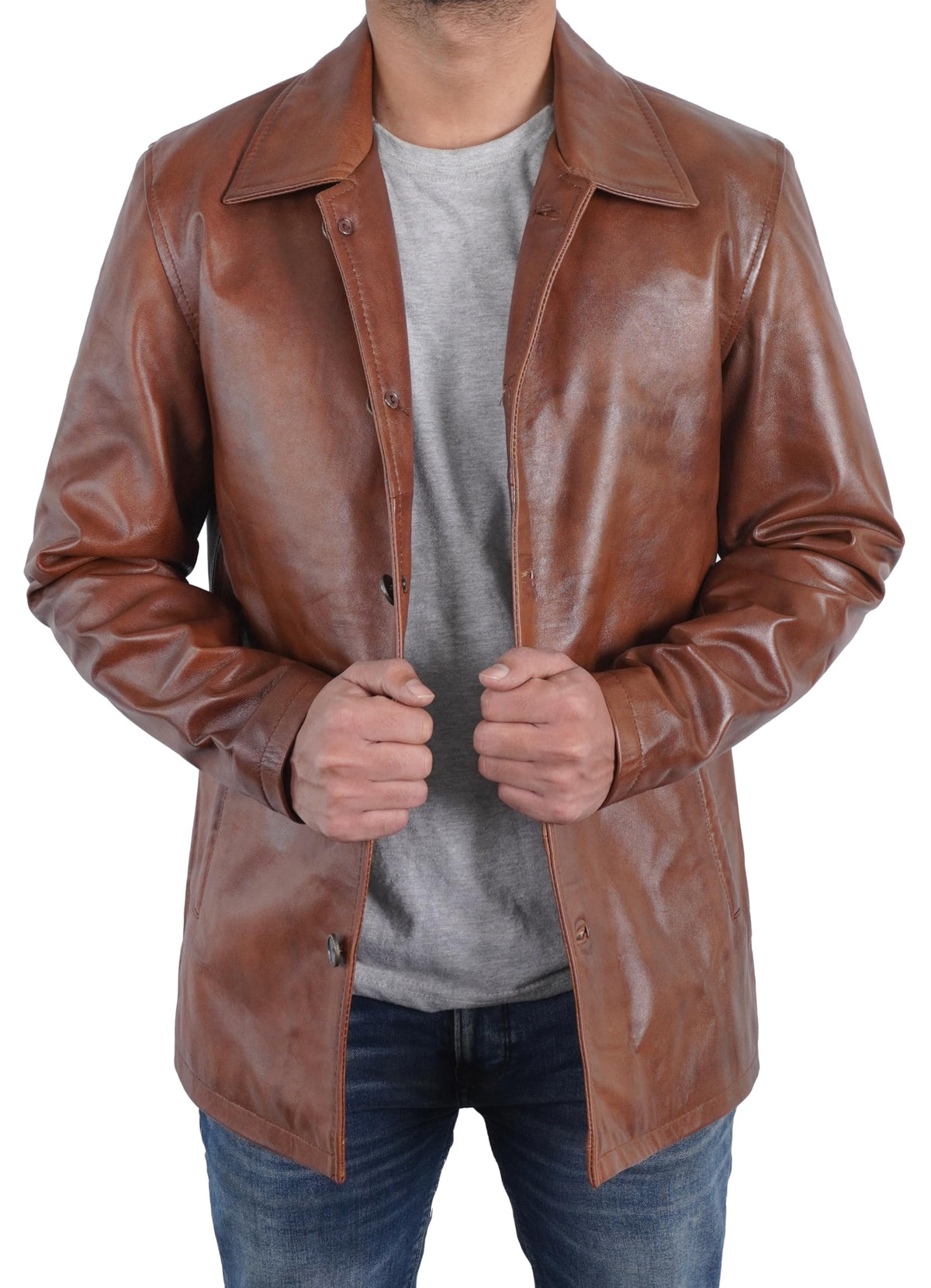 STOREJEES Brown Leather Jacket Men | Car Coat Brown. 5XL
