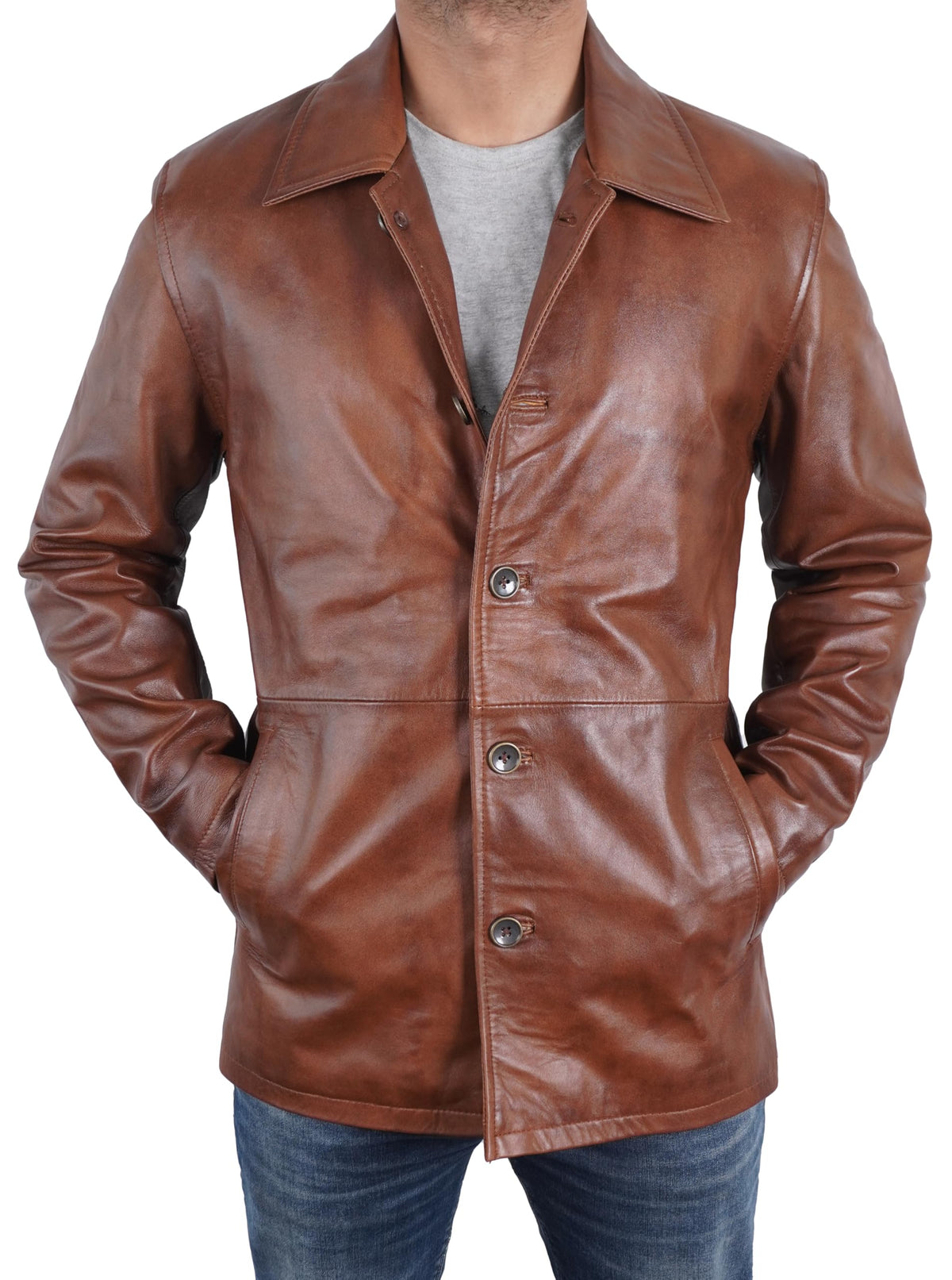 STOREJEES Brown Leather Jacket Men | Car Coat Brown. 5XL