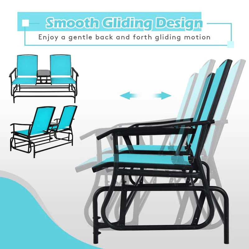2 Person Outdoor Bench Glider Chair With Center Table Mesh Fabric Rocking Loveseat For Patio - Comfortable And Ergonomic Design