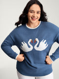 Swan Jacquard Pattern Color Contrast Pullover
