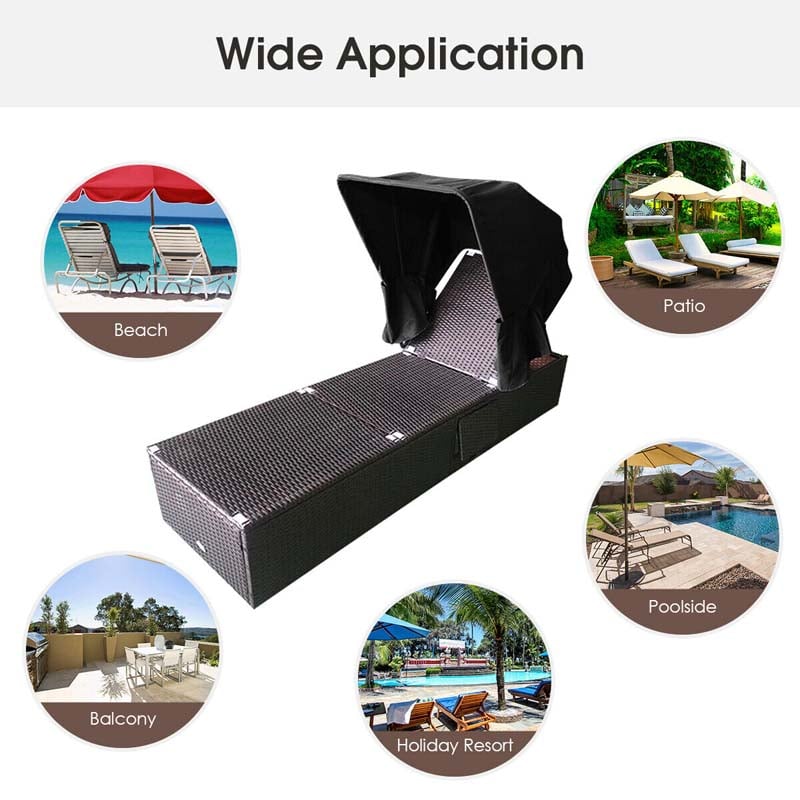 Cushioned Rattan Outdoor Chaise Lounge Chair Sun Lounger 5 Position With Folding Canopy Amp Flip Up Tea Table - Comfortable And Ergonomic Design