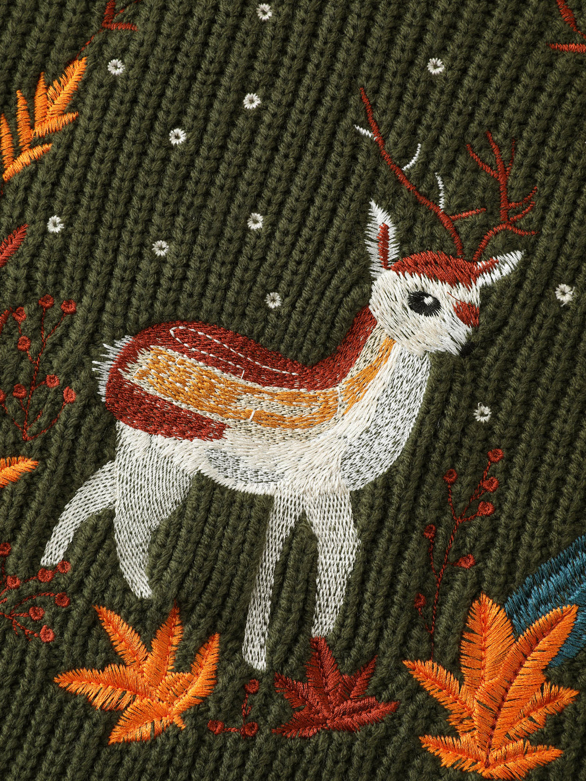 Turtleneck Deer Embroidery Knit Pullover