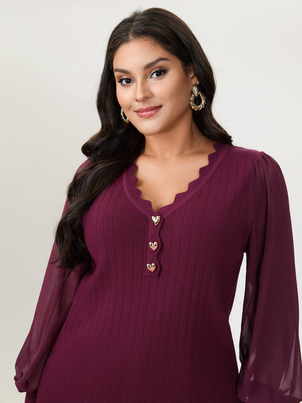 Chiffon Sheer Sleeve Heart Shaped Button Pullover