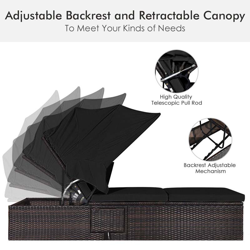 Cushioned Rattan Outdoor Chaise Lounge Chair Sun Lounger 5 Position With Folding Canopy Amp Flip Up Tea Table - Comfortable And Ergonomic Design