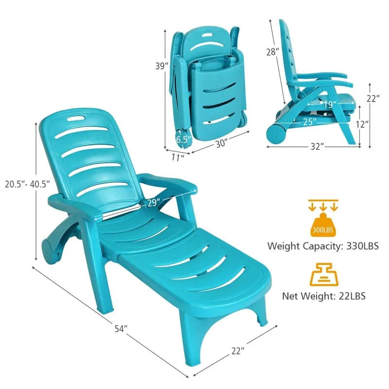 Rolling Folding Plastic Pool Lounge Chair With Armrests 5 Position Outdoor Sun Lounger Patio Deck Chair Beach Chair - Comfortable And Ergonomic Design