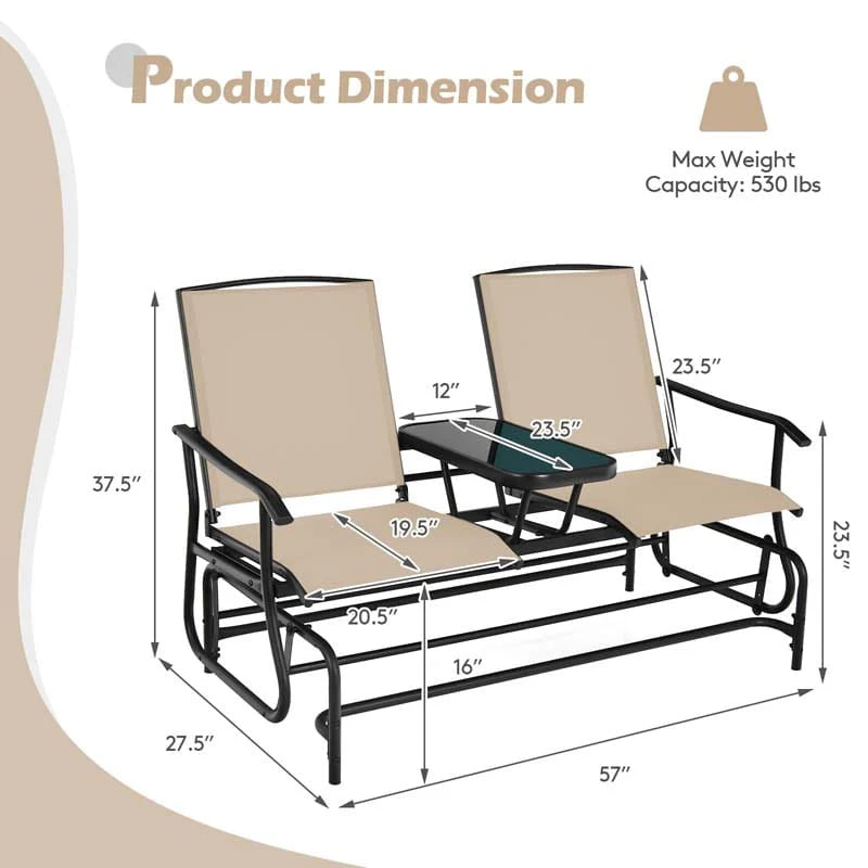 2 Person Outdoor Bench Glider Chair With Center Table Mesh Fabric Rocking Loveseat For Patio - Comfortable And Ergonomic Design