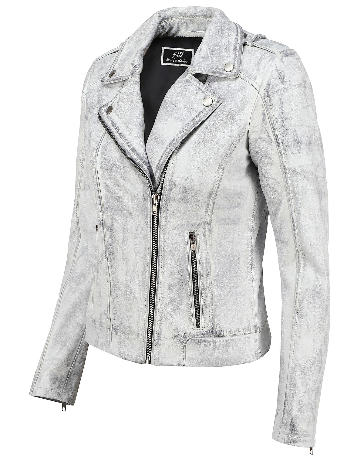 Jild Biker Style Vintage Leather Jacket Women - Casual Fashion Motorcycle Zip-Up Lightweight Coat Collar Women Leather Jacket (White-XXL)