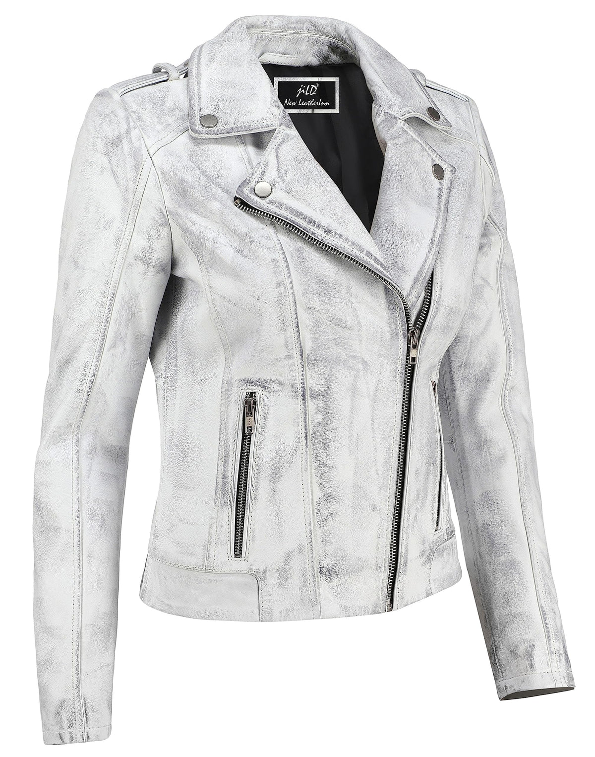 Jild Biker Style Vintage Leather Jacket Women - Casual Fashion Motorcycle Zip-Up Lightweight Coat Collar Women Leather Jacket (White-XXL)