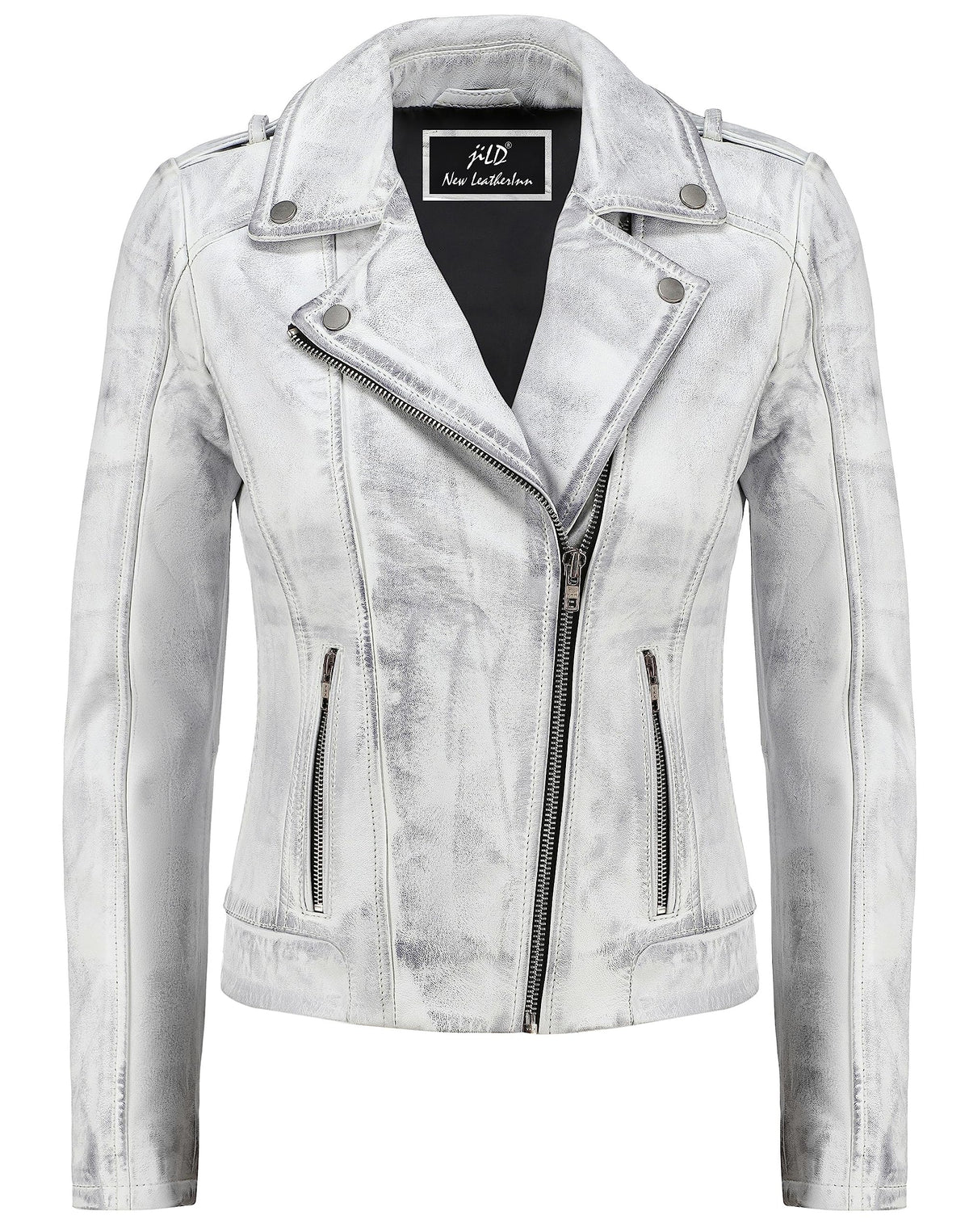 Jild Biker Style Vintage Leather Jacket Women - Casual Fashion Motorcycle Zip-Up Lightweight Coat Collar Women Leather Jacket (White-XXL)